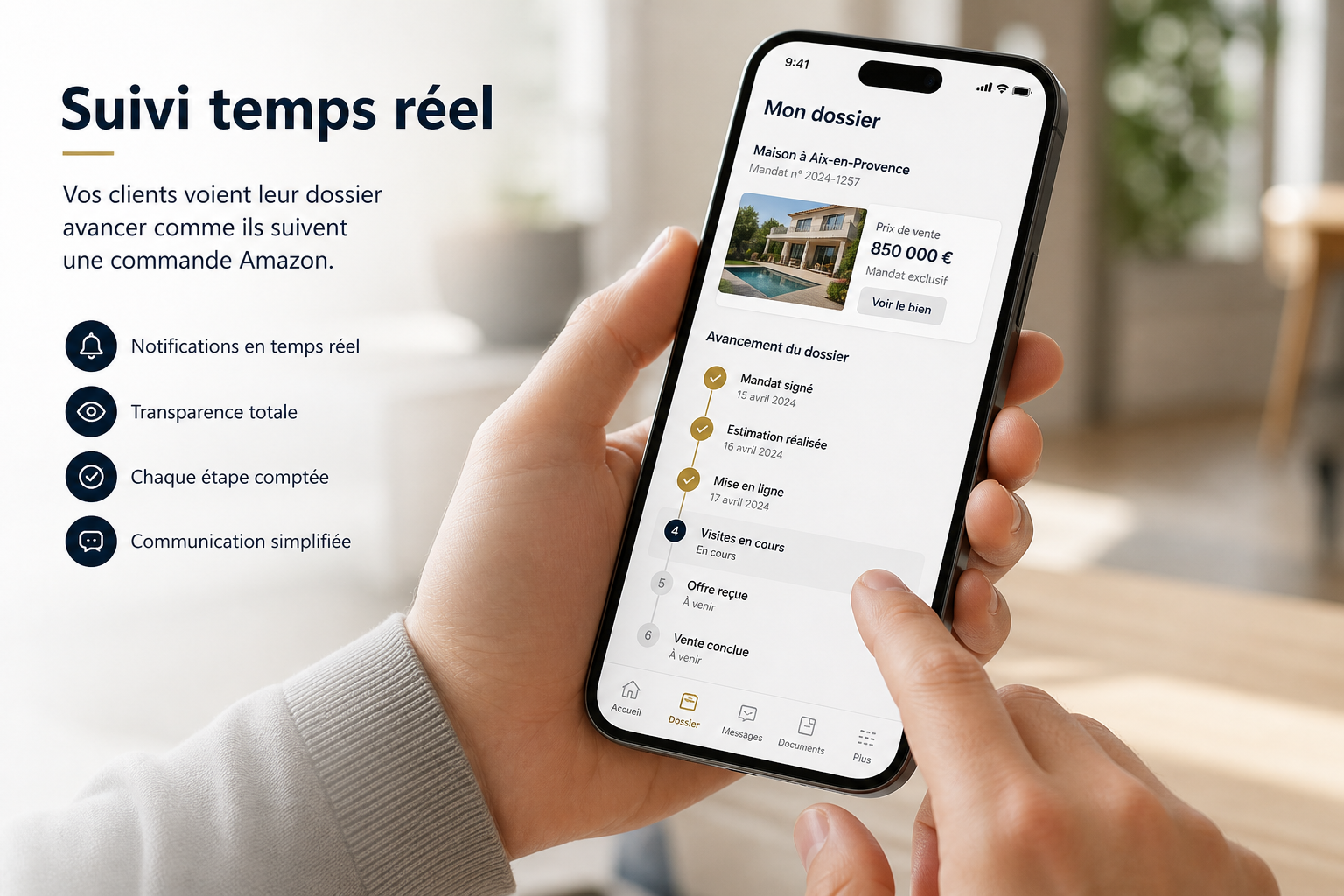 Aperçu de la vue client AGENCYA — timeline temps réel du dossier, du mandat à la signature, avec notifications push et comptes rendus.