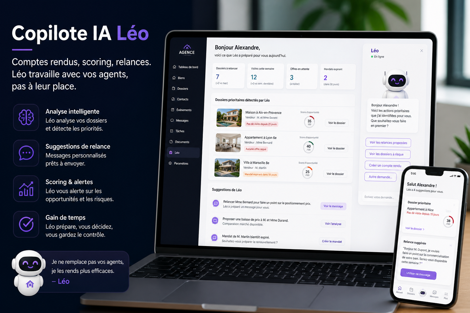 Interface du copilote IA Léo dans AGENCYA — analyse de dossiers, suggestions de relance, scoring acquéreur et alertes.