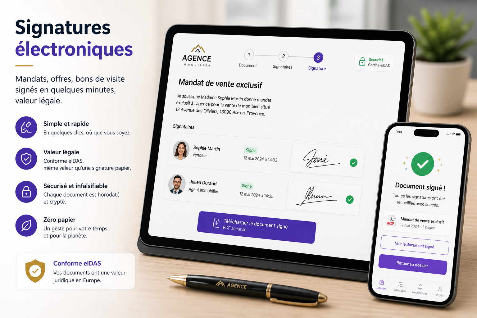 Module de signature électronique AGENCYA — mandat de vente exclusif signé numériquement et dossier de preuve eIDAS.
