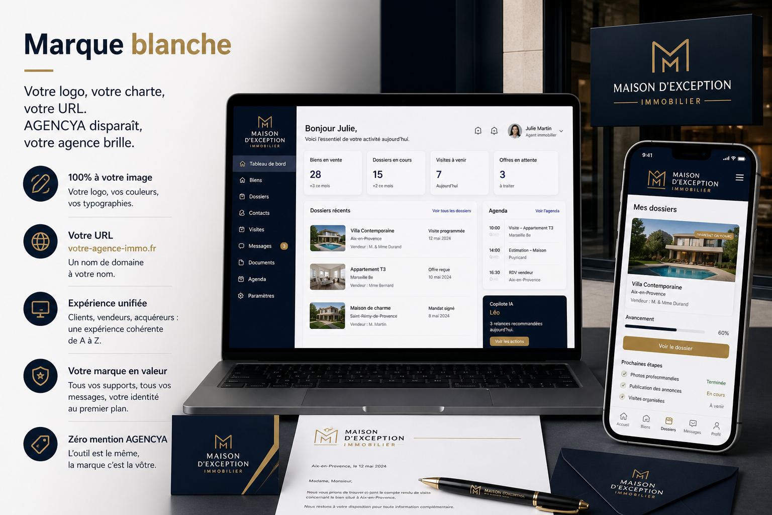 Personnalisation marque blanche AGENCYA — logo, charte graphique, URL dédiée et papeterie d'une agence cliente fictive.
